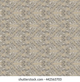 Floral seamless pattern - vector illustration of detailed ornament of floral twigs and curled branches in beige and ivory colors