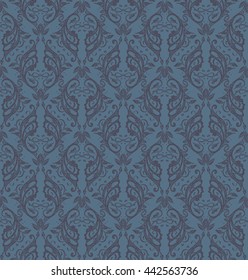 Floral seamless pattern - vector illustration of detailed ornament of floral twigs and curled branches in blue colors