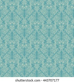 Floral seamless pattern - vector illustration of detailed ornament of floral twigs and curled branches in blue colors