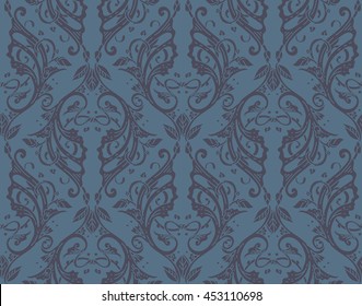 Floral seamless pattern - vector illustration of detailed ornament of floral twigs and curled branches in blue colors