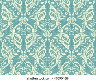 Floral seamless pattern - vector illustration of detailed ornament of floral twigs and curled branches in blue colors