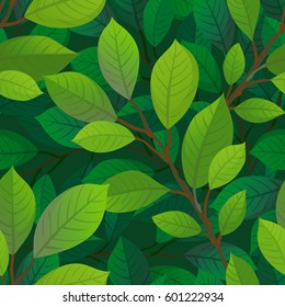 Floral seamless pattern. Vector illustration of branches and leaves. Spring and summer background. 