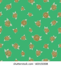 Floral seamless pattern. Vector illustration. Spring paper with abstract cute rose flowers and leaves on a green background.