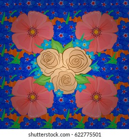 Floral seamless pattern. Vector illustration. Spring paper with abstract cute cosmos flowers on a orange background.