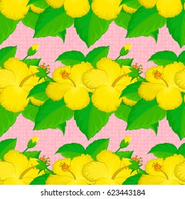 Floral seamless pattern. Vector illustration. Spring paper with abstract cute hibiscus flowers on a pink background.