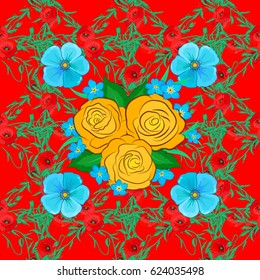 Floral seamless pattern. Vector illustration. Spring paper with abstract cute rose flowers and green leaves on a red background.