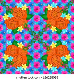 Floral seamless pattern. Vector illustration. Spring paper with abstract cute flowers on a blue background.