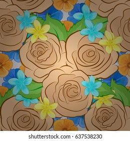 Floral seamless pattern. Vector illustration. Spring paper with abstract cute rose flowers and green leaves on a gray background.