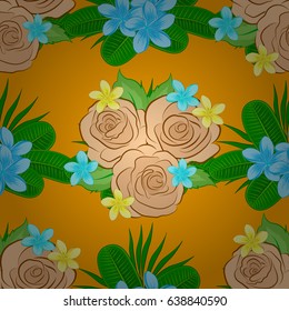 Floral seamless pattern. Vector illustration. Spring paper with abstract cute rose flowers and green leaves on a yellow background.