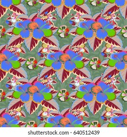 Floral seamless pattern. Vector illustration. Spring paper with abstract cute flowers in pink and green colors.