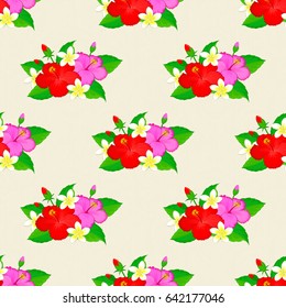 Floral seamless pattern. Vector illustration. Spring paper with abstract cute hibiscus flowers on a beige background.