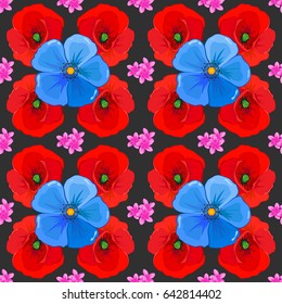 Floral seamless pattern. Vector illustration. Spring paper with abstract cute poppy flowers on a gray background.