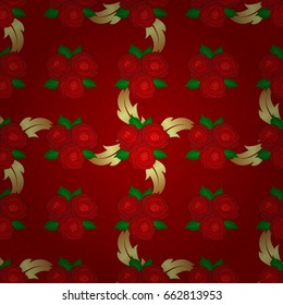 Floral seamless pattern. Vector illustration. Spring paper with abstract cute rose flowers and green leaves on a red background.