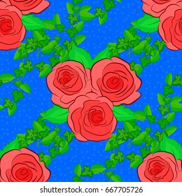 Floral seamless pattern. Vector illustration. Spring paper with abstract cute rose flowers and green leaves on a blue background.