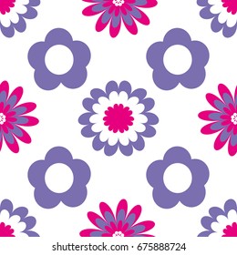 Floral seamless pattern. Vector illustration with abstract flowers. Repeating background for printing on fabric, textiles, surfaces, paper, wrapper. Two colors pink and purple. Bright, simple design
