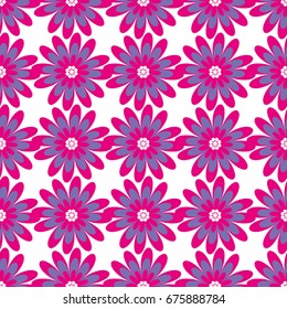 Floral seamless pattern. Vector illustration with abstract flowers. Repeating background for printing on fabric, textiles, surfaces, paper, wrapper. Two colors pink and purple. Bright, simple design