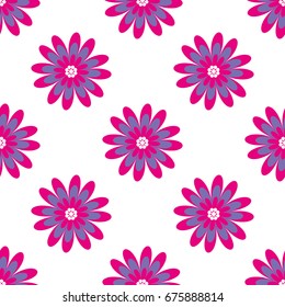 Floral seamless pattern. Vector illustration with abstract flowers. Repeating background for printing on fabric, textiles, surfaces, paper, wrapper. Two colors pink and purple. Bright, simple design