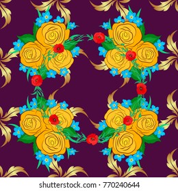 Floral seamless pattern. Vector illustration. Spring paper with abstract cute rose flowers and green leaves in yellow and purple colors.