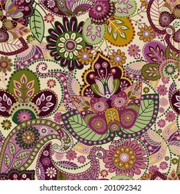 Floral seamless pattern. Vector indian decorative wallpaper Batik indonesia. Colorful pattern with paisley and stylized flowers. Design for wrapping paper, web, cover, fabric, textile