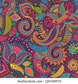 Floral seamless pattern. Vector indian decorative wallpaper. Batik indonesia. Colorful pattern with paisley and stylized flowers. Design for wrapping paper, web, cover, fabric, textile