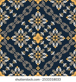 Nahtloses Blumenmuster. Vektor indische dekorative Tapete. Batik Indonesien. Farbiges Muster mit Paisley und stilisierten Blumen. Design für Papier, Umschlag, Stoff, Textil, Tapete