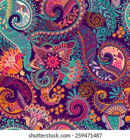 Floral seamless pattern. Vector indian decorative wallpaper. Batik indonesia. Colorful pattern with paisley and stylized flowers. Design for wrapping paper, cover, fabric, textile, wallpaper, curtains