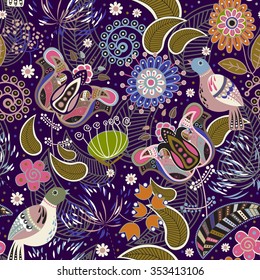 Floral seamless pattern. Vector indian decorative wallpaper. Batik indonesia. Colorful pattern with paisley, birds and stylized flowers. Design for wrapping paper, web, cover, fabric, textile, carpet
