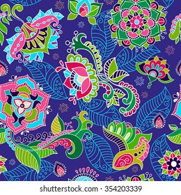 Floral seamless pattern. Vector indian decorative wallpaper. Batik indonesia. Colorful pattern with paisley and stylized flowers. Design for wrapping paper, web, cover, fabric, textile, carpet