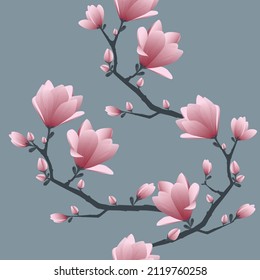 Floral seamless pattern vector. Magnolia branches botanical background. Pink spring blossoms.