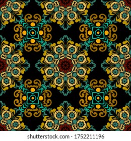 Floral seamless pattern. Vector ornamental baroque style background. Repeat patterned damask backdrop. Vintage colorful flowers, leaves, abstract shapes, lines. Arabic ornament. Ethnic ornate design.
