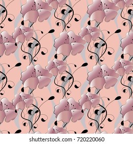 Floral seamless pattern. Vector pink floral background. Elegance wallpaper.  Vintage hand drawn decorative pink flowers, swirl leaves and line art tracery flowers ornaments. Surface floral texture. 
