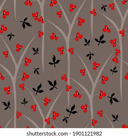 Floral seamless pattern. Vector print texture with small flowers, leaves, branches, trees. Stylish botanical composition. Background in brown, red and black color. Repeat design for decor, wrapping