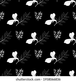 Floral seamless pattern. Vector repeating white flowers on black background. Black and white pattern. Flowers, leaves and branches background. 