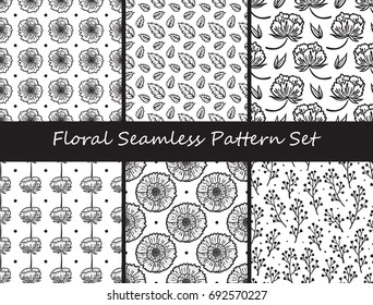 Floral Seamless Pattern Vector Set. Flowers, Leaves and Sprigs Background. Black and White