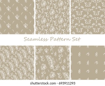 Floral Seamless Pattern Vector Set. Hand drawn Decorative Flowers, Leaves, Feathers 
