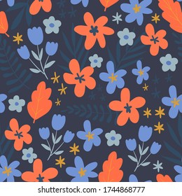 Patrón floral sin fisuras. Patrón vectorial floral en colores de tendencia.Diseño con colores planos simples. Para tejidos, textiles, papel de envoltura, papel pintado