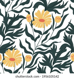 Floral seamless pattern in vector. Yellow  flowers, green leaves on white background. Nature, wildflowers. Plant. For wrapping paper, wallpaper, decoration.