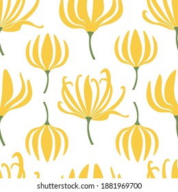 Floral Seamless Pattern With Vector Ylang Ylang Or Cananga Tree Flowers. Graphic Print For Product Packaging Related To Perfumery, Soaps, Cosmetics, Herbal Medicine, Aromatherapy Essential Oils