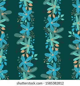 Floral seamless pattern with vertical blue flowers on dark blue background; vector illustration; floral design for fabric, wallpaper, wrapping paper, textile, web design.