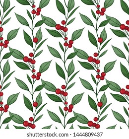 Floral seamless pattern with vertical branches, leaves, berries. Vector illustration. Isolated on white. Design for fabrics, wallpapers, textiles, web design.