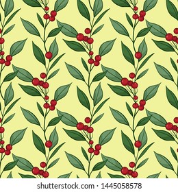 Floral seamless pattern with vertical branches, leaves, berries on yellow background. Vector illustration. Isolated on white. Design for fabrics, wallpapers, textiles, web design.
