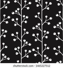 Floral seamless pattern with vertical branches and berries. Black and white abstract vector design for fabrics, wallpapers, gift boxes, greeting cards, web design. 