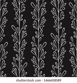 Floral seamless pattern with vertical branches and leaves. Black and white vector illustration. Simple abstract design for fabric, wallpaper, textile, web design.