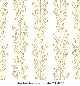 Floral seamless pattern with vertical branches and leaves. Vector gold abstract design for fabric, wallpaper, textile, gift box, greeting card, web design.