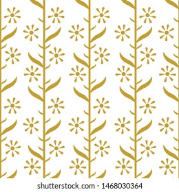 Floral seamless pattern with vertical branches and flowers. Vector gold abstract floral design for fabric, wallpaper, gift box, greeting card, web design.