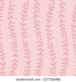 Patrón floral sin fisuras con ramas y hojas verticales; fondo rosa. Rama para tela, papel pintado, papel envolvente, paquete, diseño web.