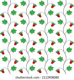 Floral seamless pattern. Vertical branches of strawberry, with leaves and berries, in cartoon style, on white background