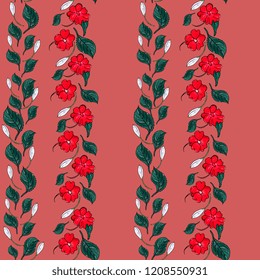 Floral seamless pattern with vertical stripes of leaves and flowers on pink background. botanical hand drawing.Perfect for summer and spring for fabric, textile design,paper wrapper 