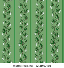 Floral seamless pattern with vertical stripes of leaves and flowers on a green background. botanical hand drawing.Perfect for summer and spring for fabric, textile design,paper wrapper 