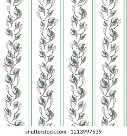 Floral seamless pattern with vertical stripes of leaves and flowers on a white background. botanical hand drawing.Perfect for summer and spring for fabric, textile design,paper wrapper 
